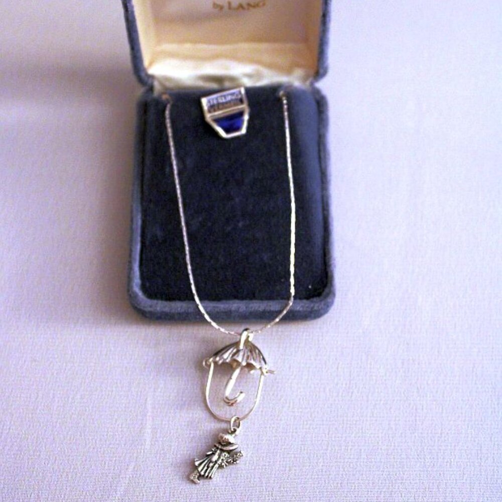 Vintage Sterling Vermeil Necklace by Lang - Umbrella & Child Pendant/Charm